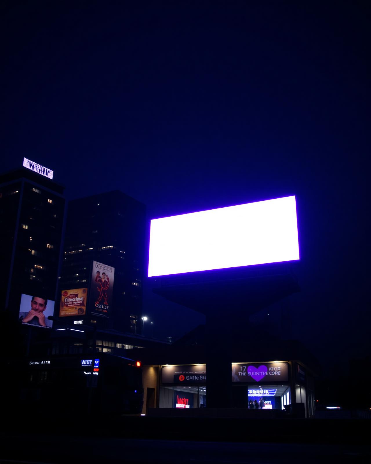 Digital billboard glowing at night